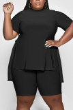 Black Casual Solid Patchwork Slit O Neck Plus Size Two Pieces