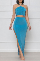 Blue Sexy Solid Patchwork Slit Halter Sleeveless Two Pieces
