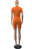パープルオレンジファッションカジュアルプリントベーシックOネック半袖ツーピース