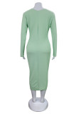 Fruchtgrün Mode Lässig Solide Basic V-Ausschnitt Langarm Kleider in Übergröße