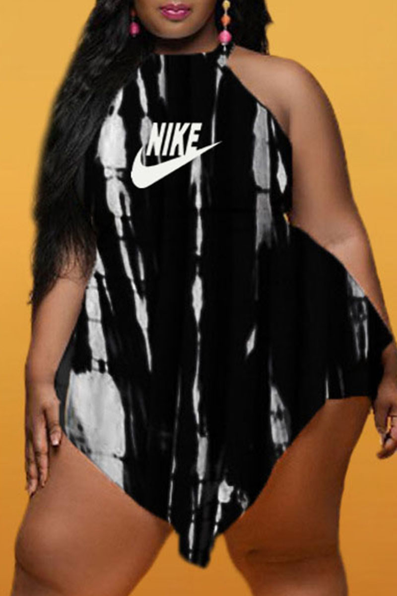 

Black Fashion Sexy Tie Dye Letter O Neck Plus Size Jumpsuits