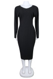 ブラックファッションカジュアルソリッドベーシックVネック長袖プラスサイズのドレス