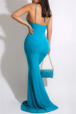 Svart Mode Sexig Plus Size Solid urholkad rygglös Spaghetti Strap lång klänning