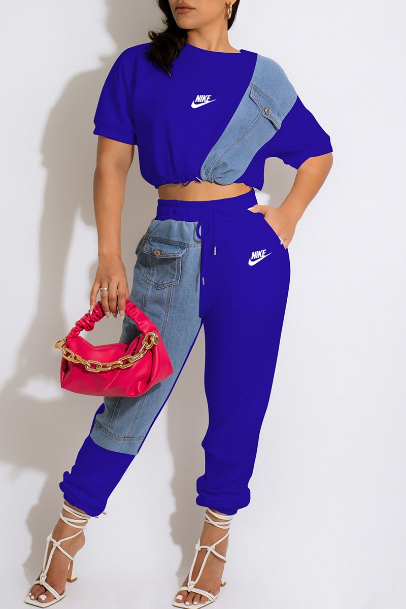

Royal Blue Fashion Sportswear Print Split Joint O Neck Short Sleeve Two Pieces