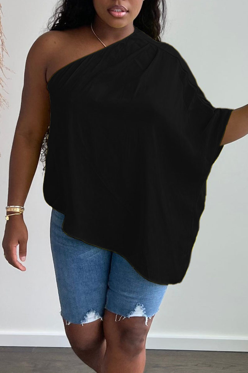 

Black Casual Solid Split Joint Asymmetrical Oblique Collar T-Shirts
