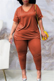 Burgundy Fashion Casual Solid Slit V Neck Plus Size Two Pieces