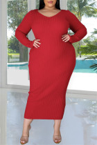 Red Fashion Casual Solid Basic V-Ausschnitt Langarm Kleider in Übergröße