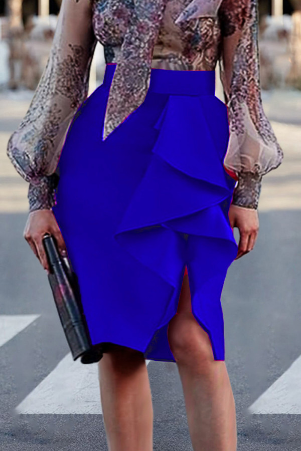 Falda de cintura alta regular de patchwork sólido casual de moda azul