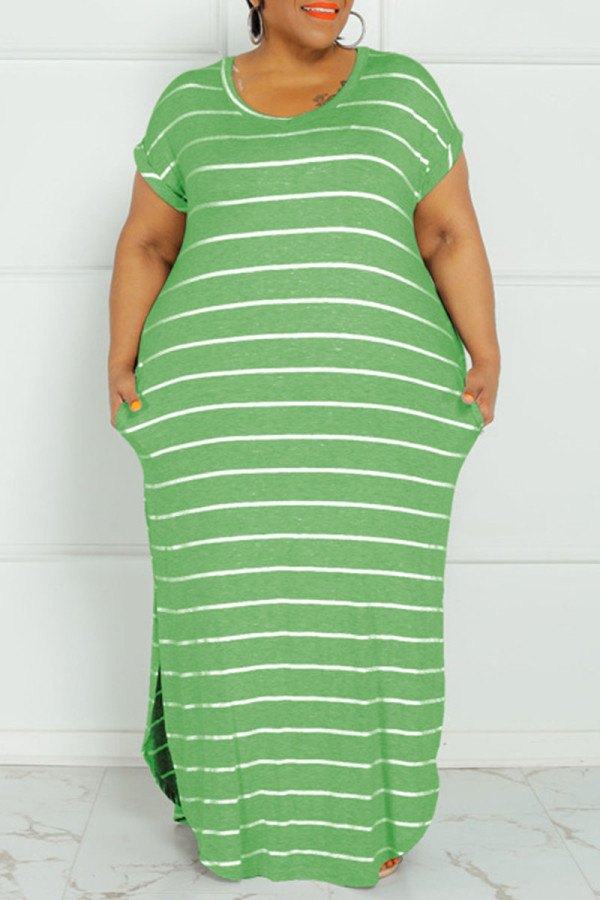 Groene mode casual plus size gestreepte print basic O-hals jurk met korte mouwen