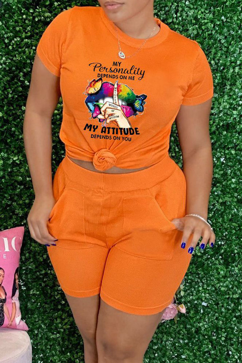 

Purple Orange Fashion Casual Print Basic O Neck Short Sleeve Two Pieces