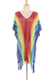 Regnbågsfärg Mode Sexig Patchwork Tofs urholkad Genomskinliga badkläder Cover Up