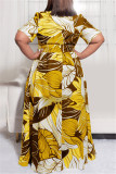 イエローファッションカジュアルプラスサイズプリントベーシックターンダウンカラーシャツドレス