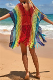 Regenboog kleur mode sexy patchwork kwastje uitgeholde doorschijnende badmode bedekken