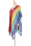 Rainbow Color Fashion Sexy Patchwork Tassel Ahuecado See-through Trajes de baño Cubrir
