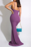 Svart Mode Sexig Plus Size Solid urholkad rygglös Spaghetti Strap lång klänning