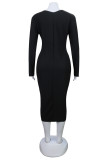 Zwart Mode Casual Solid Basic V-hals Lange mouw Grote maten jurken