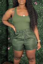 Army Green Casual Solid Patchwork U Neck Two Pieces Tank Tops And Shorts Sets