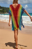Cor do arco-íris moda sexy patchwork borla vazada para roupa de banho transparente