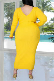 Желтые модные повседневные однотонные базовые платья больших размеров с V-образным вырезом и длинным рукавом