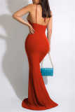 Blå Mode Sexig Plus Size Solid urholkad rygglös Spaghetti Strap lång klänning