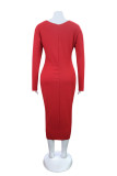 イエローファッションカジュアルソリッドベーシックVネック長袖プラスサイズのドレス