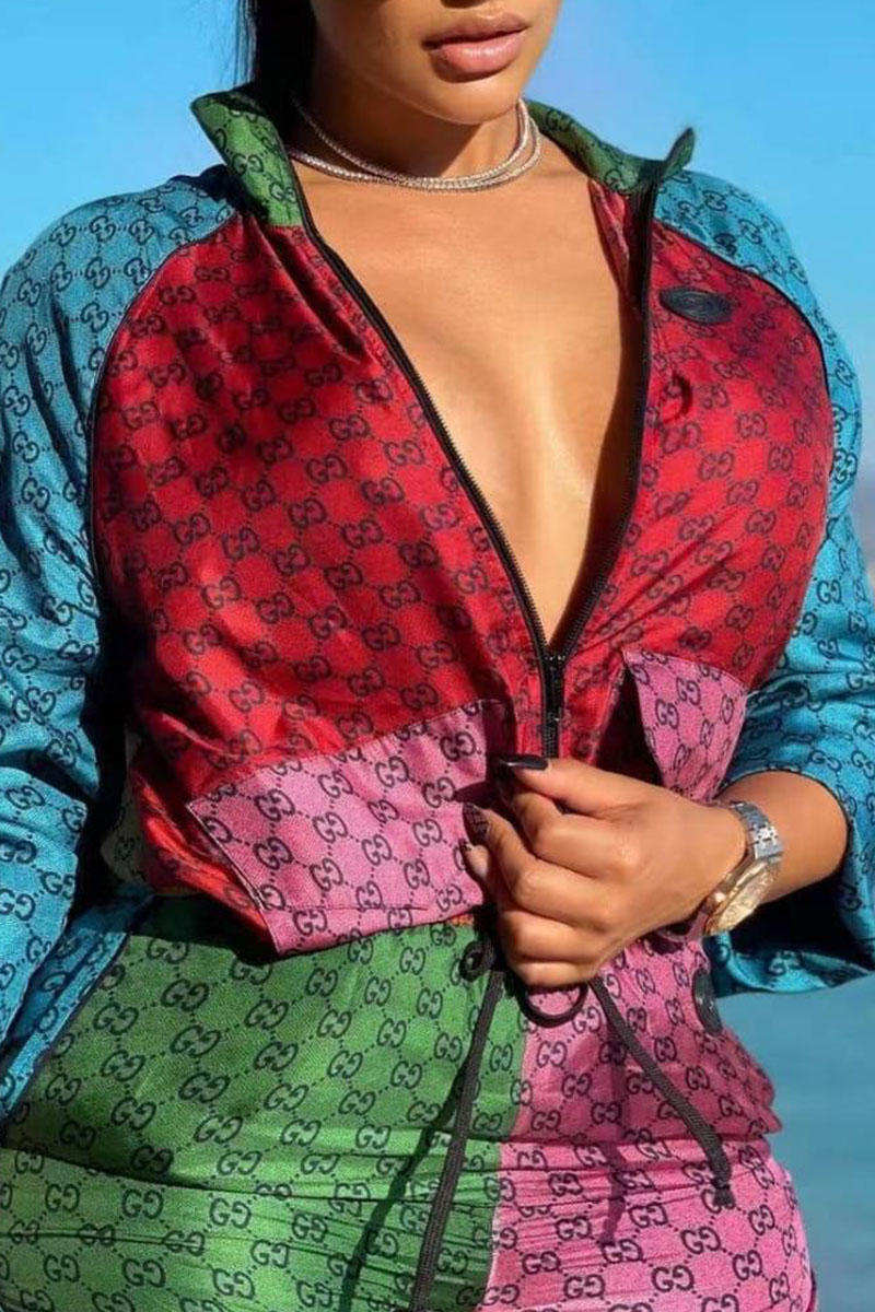 

Colour Fashion Street Print Patchwork Mandarin Collar Long Sleeve Two Pieces