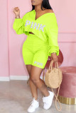 Fluorescent Green Fashion Casual Letter Print Basic V Neck Long Sleeve Two Pieces