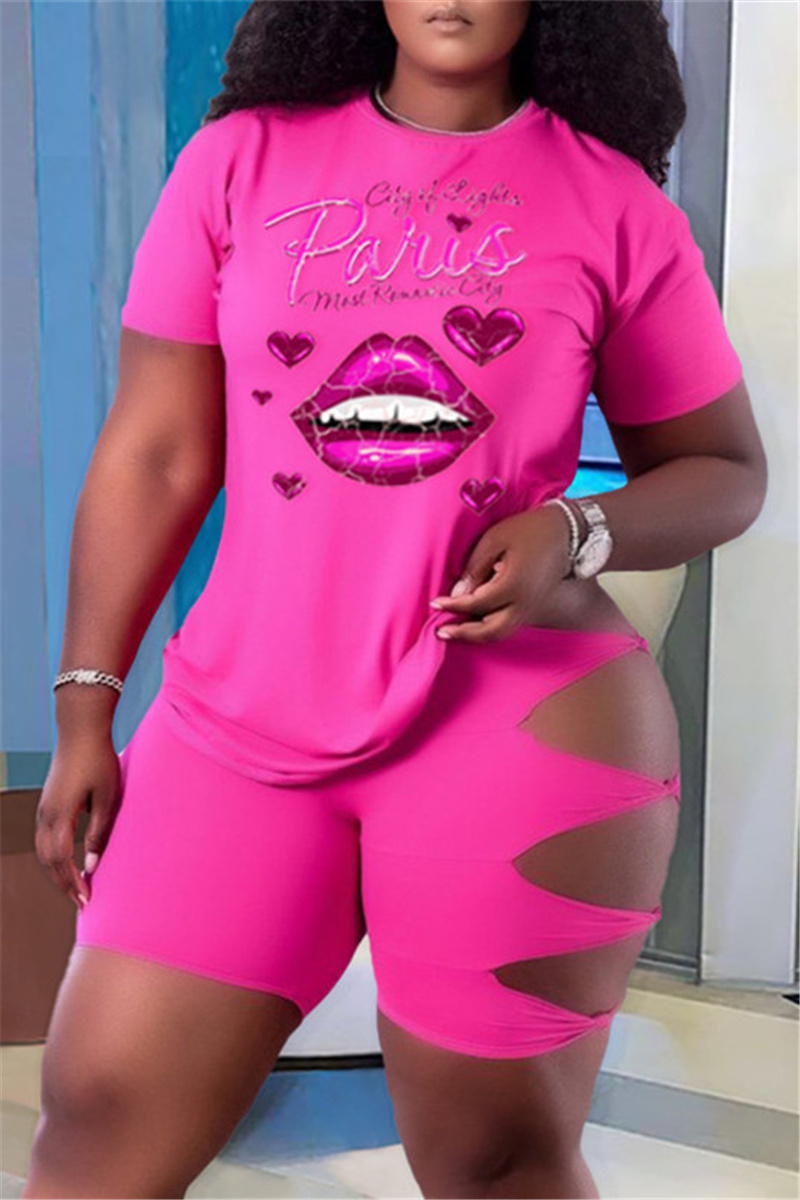 

Pink Fashion Casual Letter Lips Printed Ripped O Neck Plus Size Two Pieces