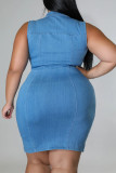 Hellblaues, modisches, lässiges, solides Patchwork-Jeanskleid mit Umlegekragen in Übergröße