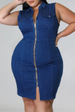 Blauwe mode casual plus size effen patchwork turndown kraag denim jurk