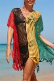 Cor do arco-íris moda sexy patchwork borla vazada para roupa de banho transparente