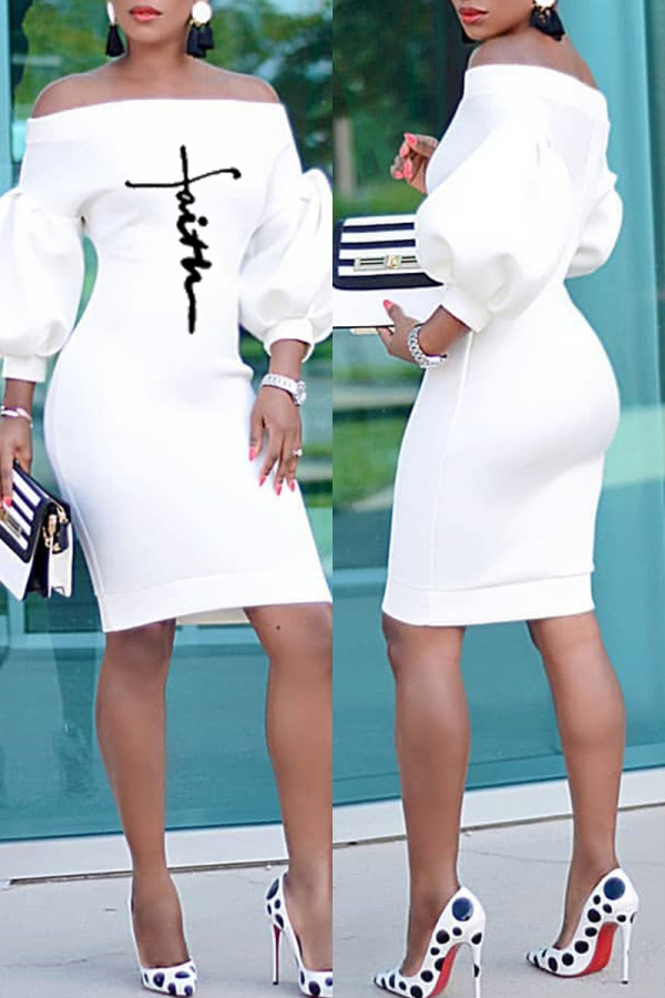 Weiße Mode Casual Print Basic Off-Shoulder Langarm-Kleider
