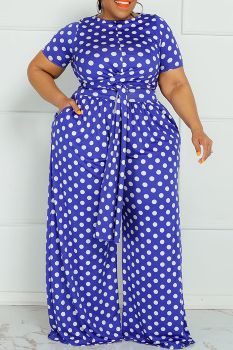 

Blue Fashion Casual Dot Print Bandage O Neck Plus Size Two Pieces