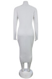 White Fashion Casual Solid Basic V Neck Long Sleeve Plus Size Dresses