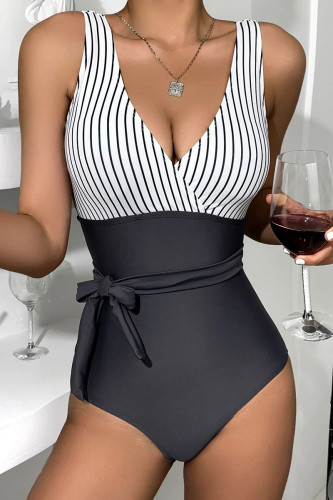 Black Sexy Striped Print Split Joint Swimwears