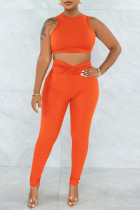 Оранжевая мода Повседневная спортивная одежда Твердые жилеты Брюки с круглым вырезом без рукавов Две части