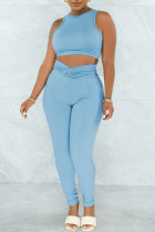 Bleu clair Fashion Casual Sportswear Solid Gilets Pantalon O Neck Sans Manches Deux Pièces