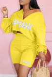 Pink Fashion Casual Letter Print Basic V Neck Long Sleeve Two Pieces