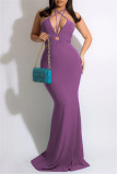Purple Fashion Sexy Plus Size Solid Hollowed Out Backless Spaghetti Strap Long Dress