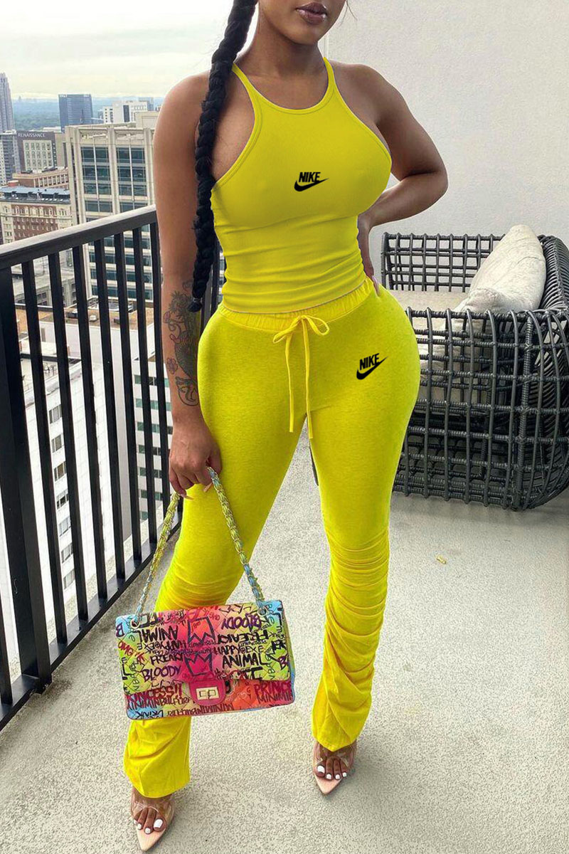 Yellow Fashion Sportswear Print Split Joint O Neck Sleeveless Two Pieces