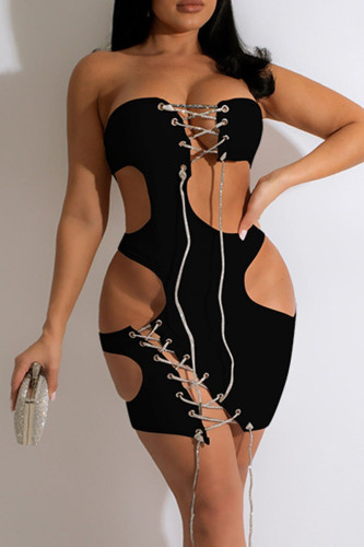 Black Sexy Solid Bandage Hollowed Out Patchwork Strapless Dresses