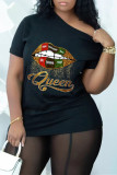 Black Fashion Casual Letter Lips Printed Basic O Neck T-Shirts