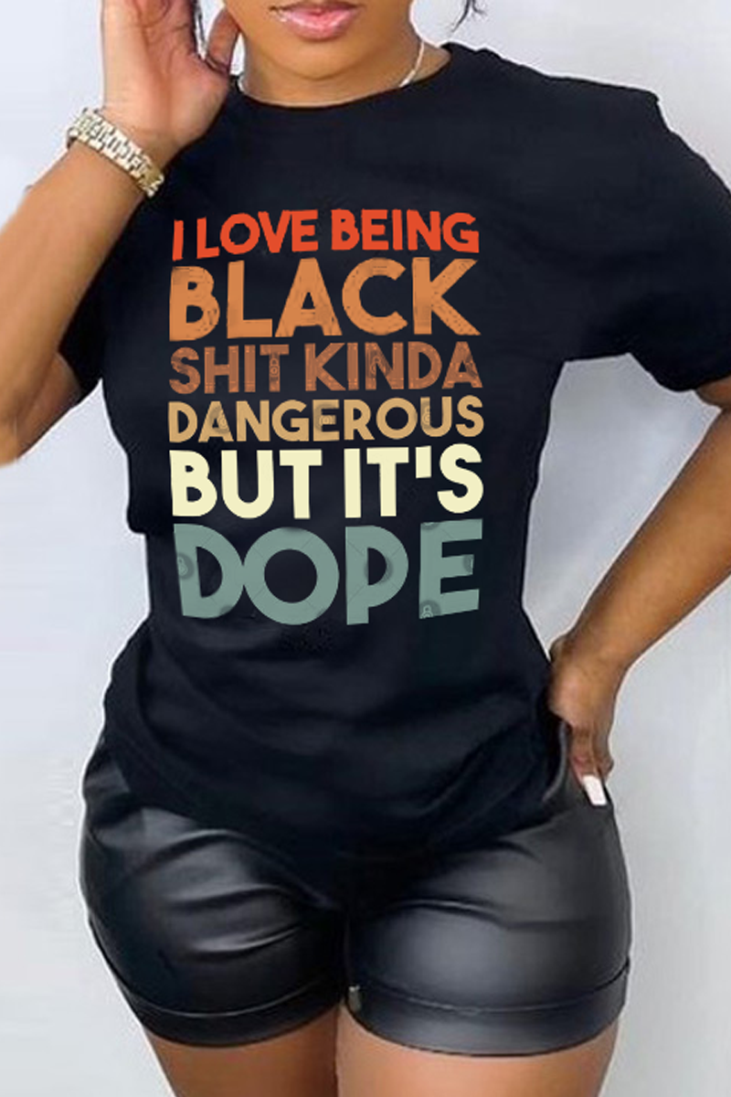 

Black Fashion Vintage Print Split Joint Letter O Neck T-Shirts