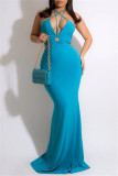 Blauwe mode sexy plus size effen uitgeholde backless spaghetti band lange jurk