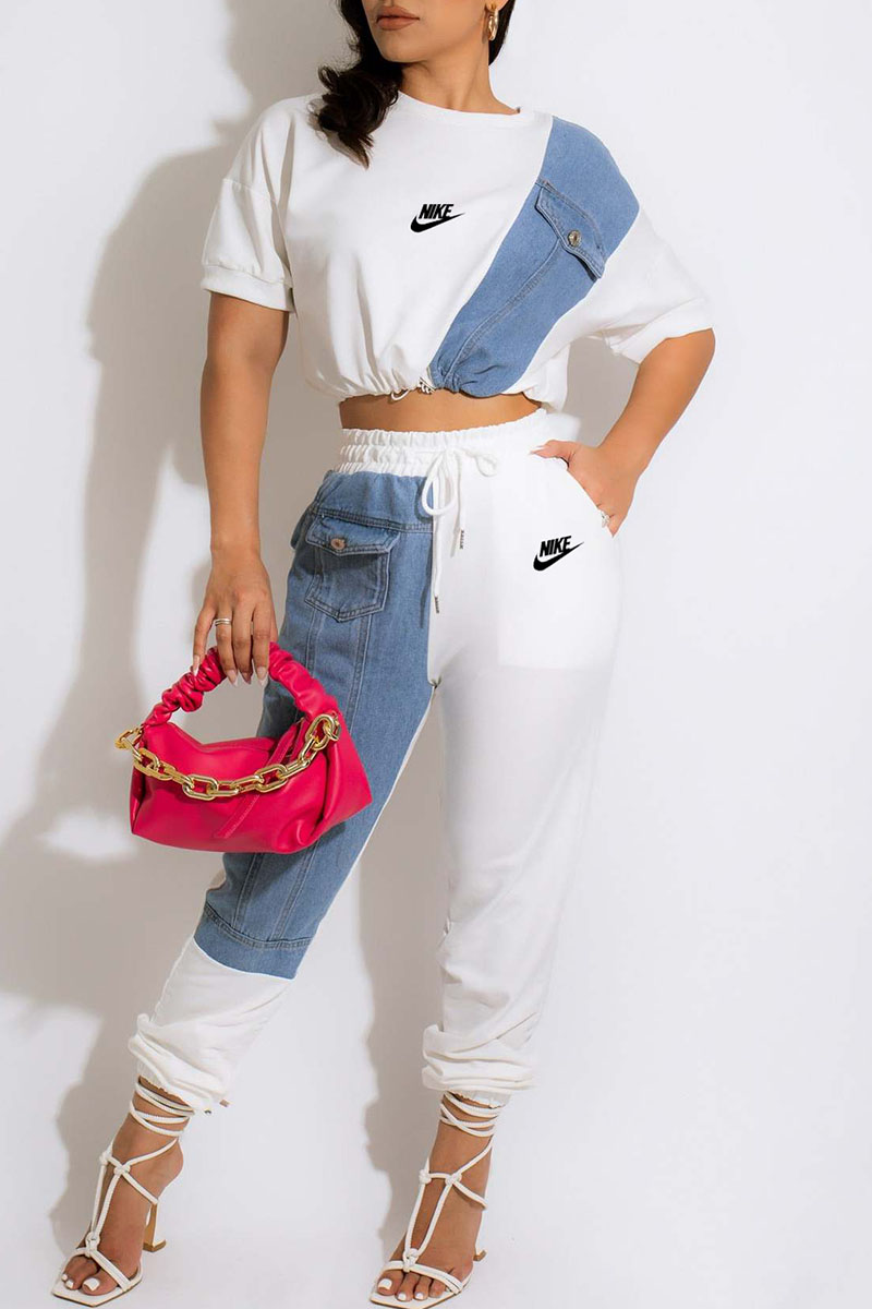 

White Fashion Sportswear Print Split Joint O Neck Short Sleeve Two Pieces