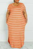 Vestido de manga corta con cuello en O básico con estampado de rayas de talla grande casual de moda naranja