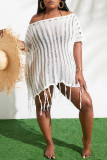 Weiße Mode Sexy feste Quaste durchsichtige O-Ausschnitt Strandkleider in Übergröße
