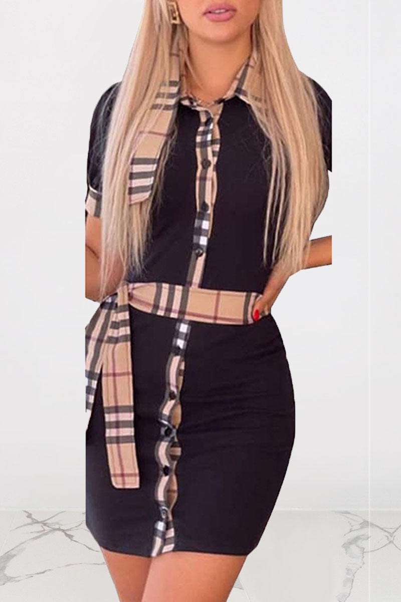

Black Fashion Casual Plaid Split Joint Turndown Collar One Step Skirt Dresses