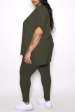 Army Green Fashion Casual Solid Slit V-Ausschnitt Plus Size Two Pieces