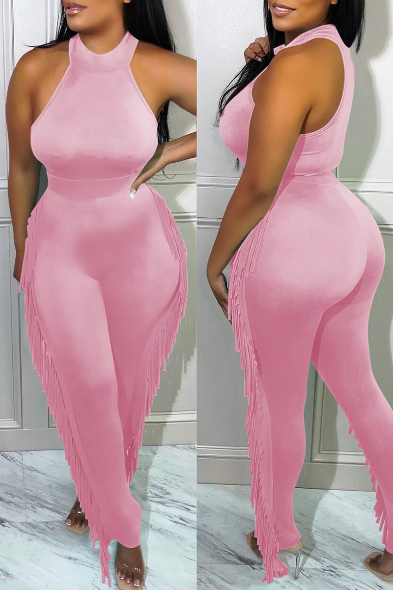 

Pink Fashion Casual Solid Tassel Split Joint O Neck Sleeveless Two Pieces